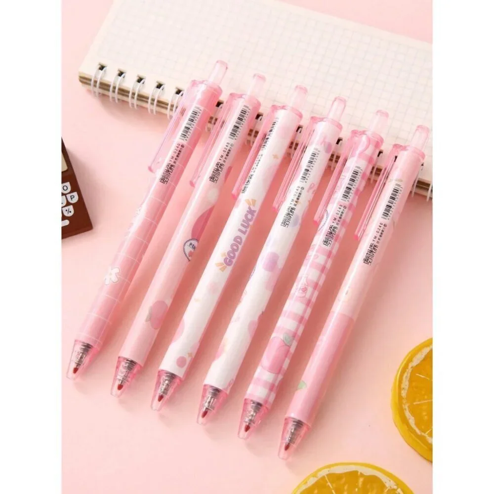 6pcs Peach Plastic Print Ballpoint Pen Multicolor